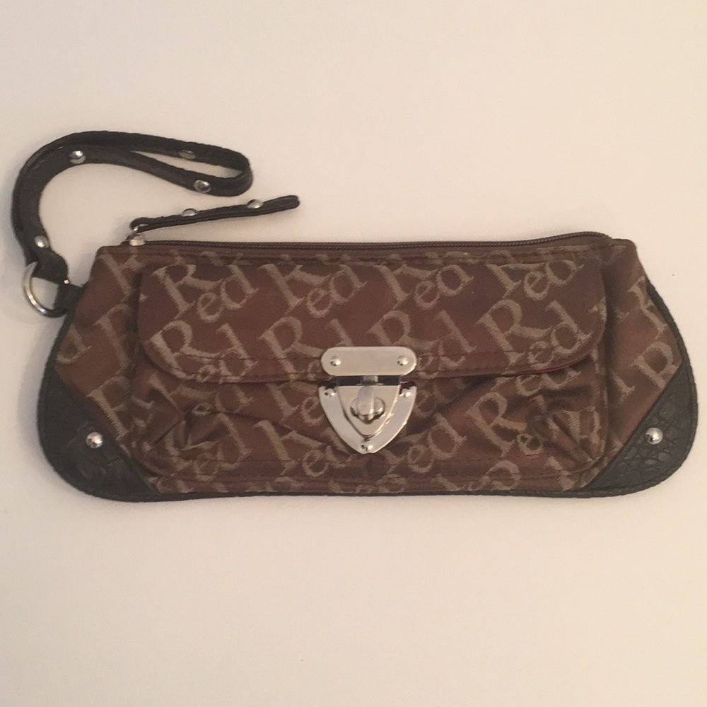 Red Brand Jacquard Logo Sm Kiss lock Wristlet Bag